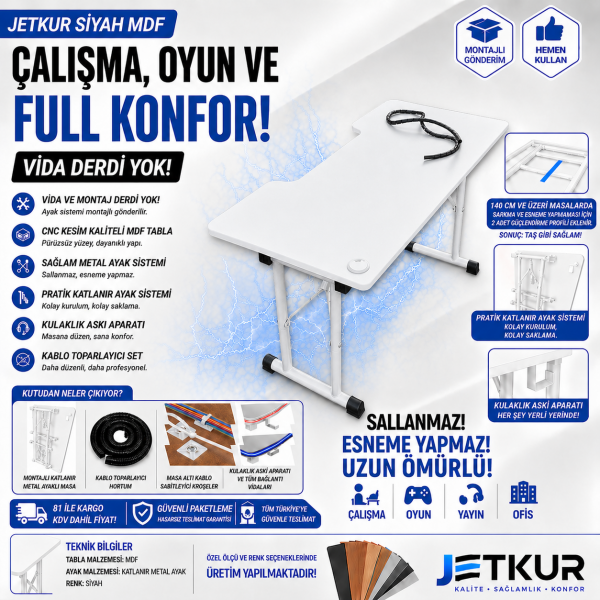 JetKur Beyaz MDF Bilgisayar Oyuncu Masası Sallanmaz Metal Ayaklı - Vida Derdi Yok