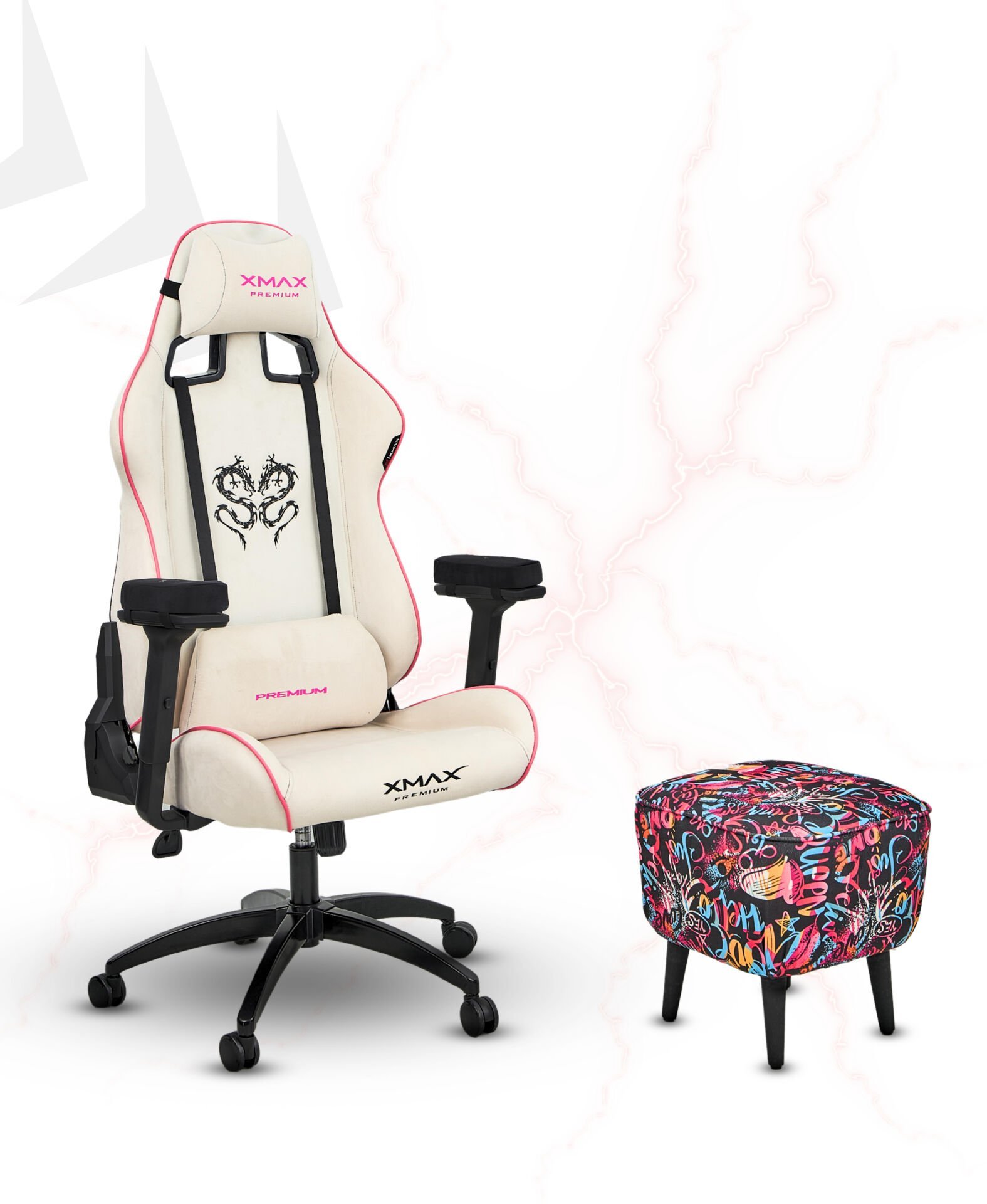 XMAX / Rio Plus Beyaz Kumaş Oyuncu Koltuğu - Ayak Uzatmalı Puf - Kol Pedi 3'Ü BİR ARADA PAKET