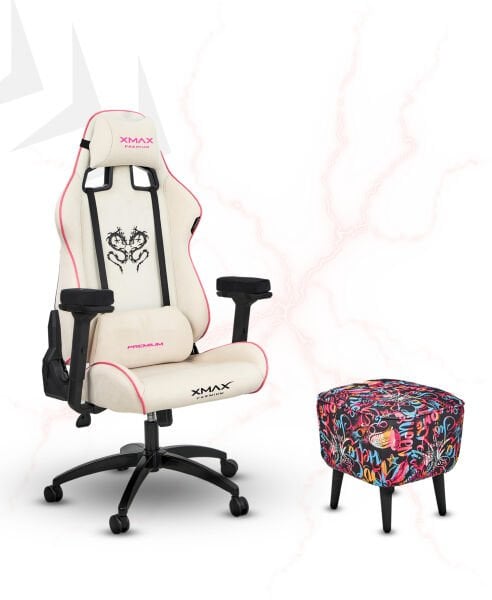 XMAX / Rio Plus Beyaz Kumaş Oyuncu Koltuğu - Ayak Uzatmalı Puf - Kol Pedi 3'Ü BİR ARADA PAKET