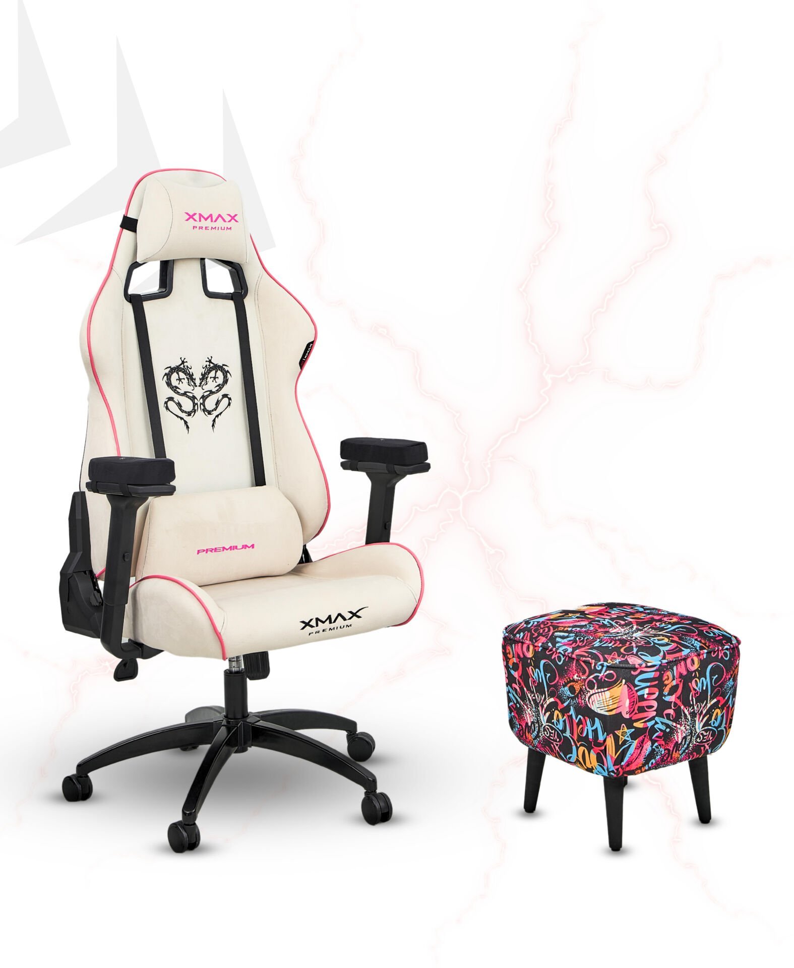 XMAX / Rio Plus Beyaz Kumaş Oyuncu Koltuğu - Ayak Uzatmalı Puf - Kol Pedi 3'Ü BİR ARADA PAKET