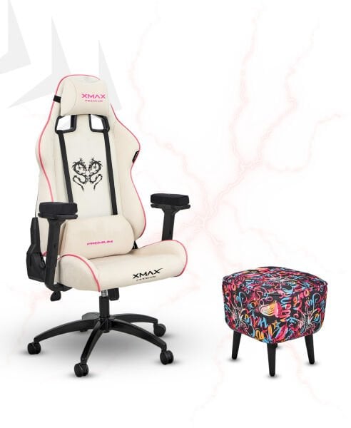 XMAX / Rio Plus Beyaz Kumaş Oyuncu Koltuğu - Ayak Uzatmalı Puf - Kol Pedi 3'Ü BİR ARADA PAKET