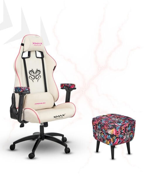 XMAX / Rio Plus Beyaz Kumaş Oyuncu Koltuğu - Ayak Uzatmalı Puf - Kol Pedi 3'Ü BİR ARADA PAKET
