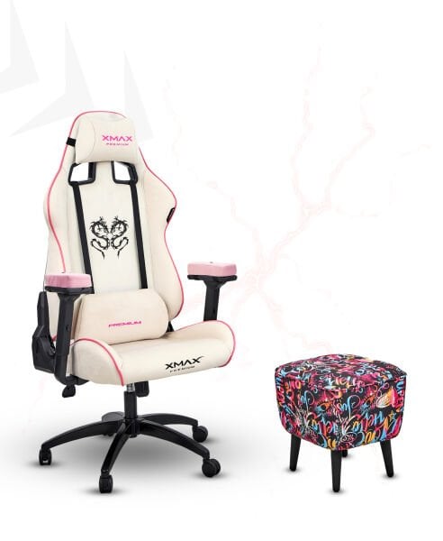 XMAX / Rio Plus Beyaz Kumaş Oyuncu Koltuğu - Ayak Uzatmalı Puf - Kol Pedi 3'Ü BİR ARADA PAKET