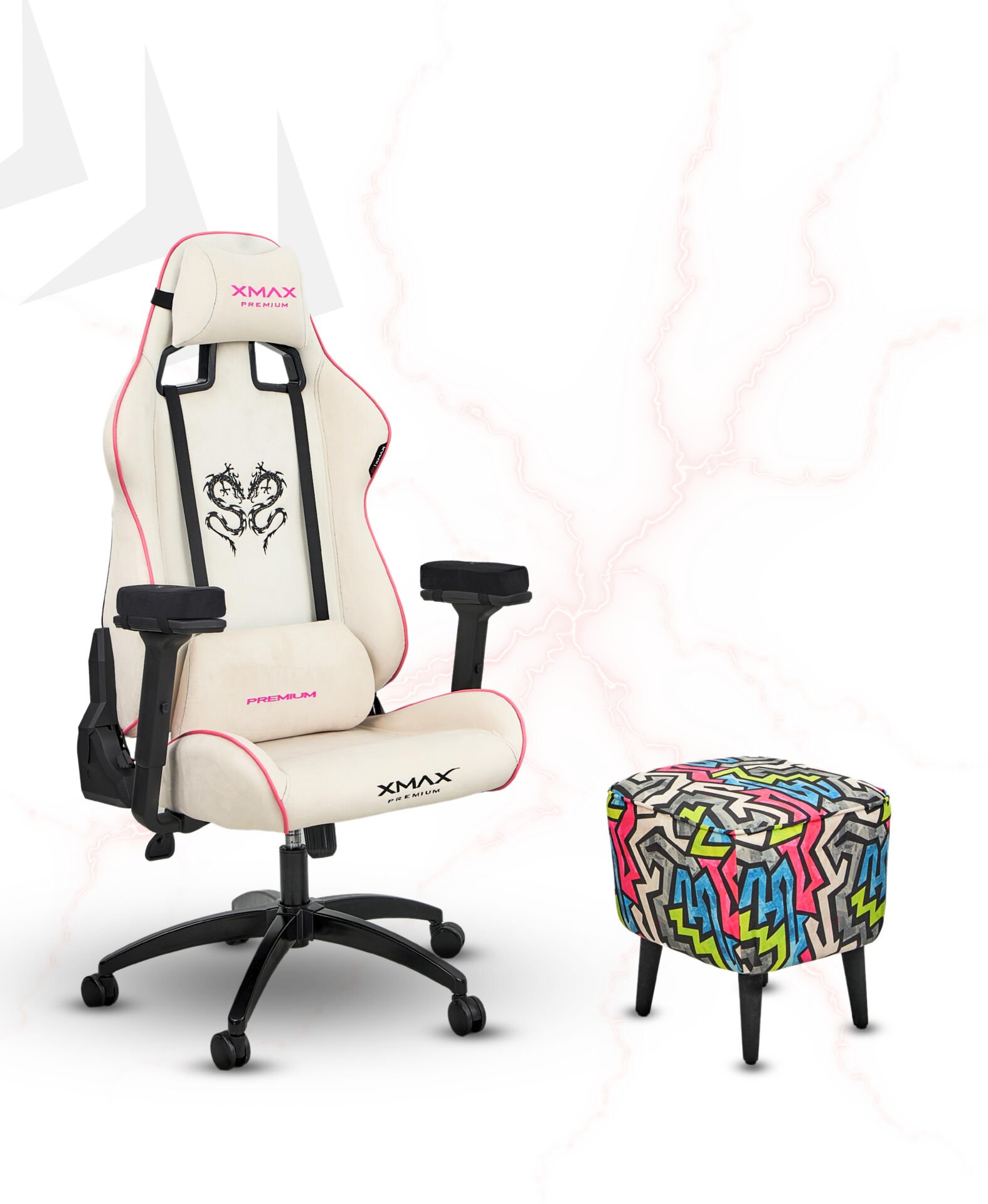 XMAX / Rio Plus Beyaz Kumaş Oyuncu Koltuğu - Ayak Uzatmalı Puf - Kol Pedi 3'Ü BİR ARADA PAKET