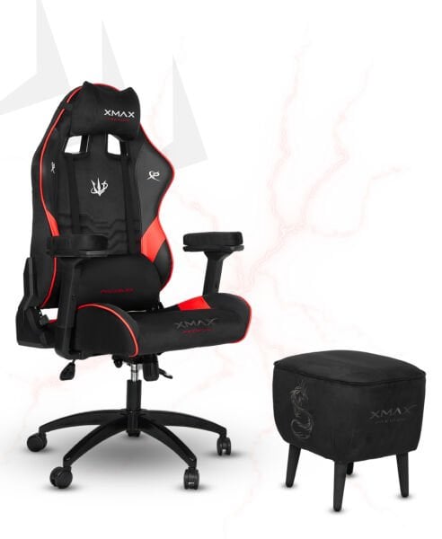 XMAX / Rio Kırmızı Siyah Kumaş Oyuncu Koltuğu - Ayak Uzatmalı Puf - Kol Pedi 3'Ü BİR ARADA PAKET