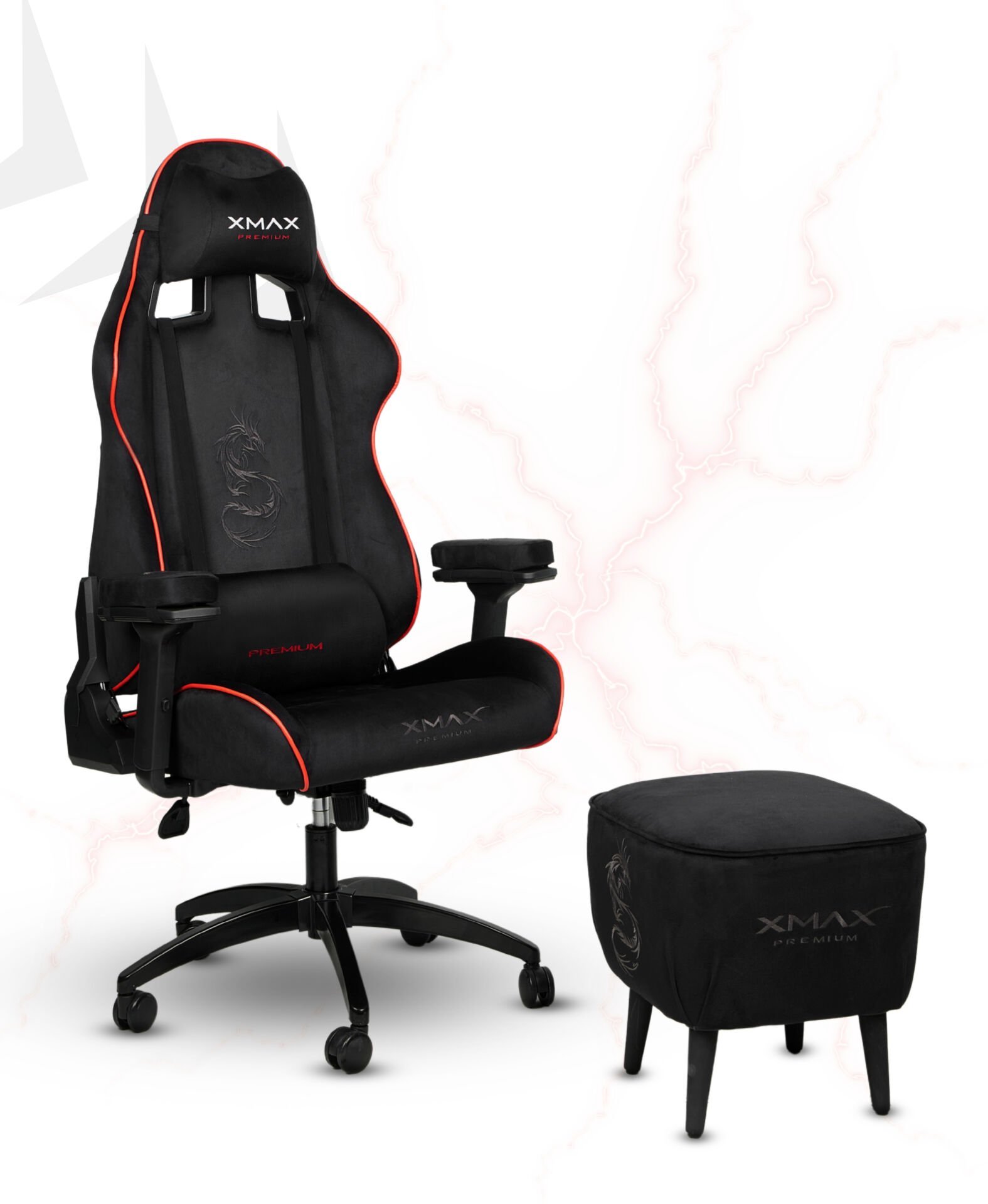 XMAX / Rio Kırmızı Siyah Kumaş Oyuncu Koltuğu - Ayak Uzatmalı Puf - Kol Pedi 3'Ü BİR ARADA PAKET