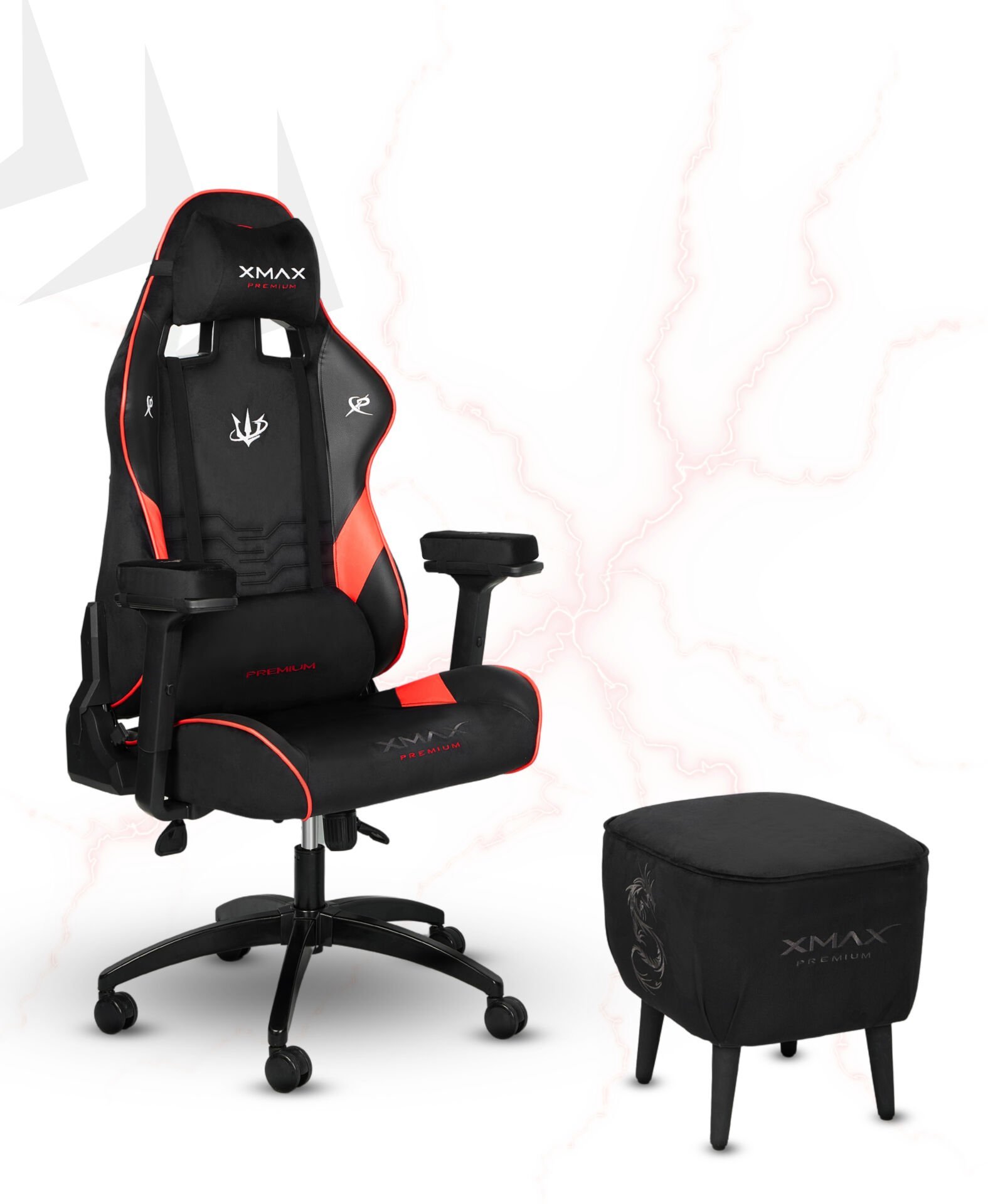XMAX / Rio Kırmızı Siyah Kumaş Oyuncu Koltuğu - Ayak Uzatmalı Puf - Kol Pedi 3'Ü BİR ARADA PAKET