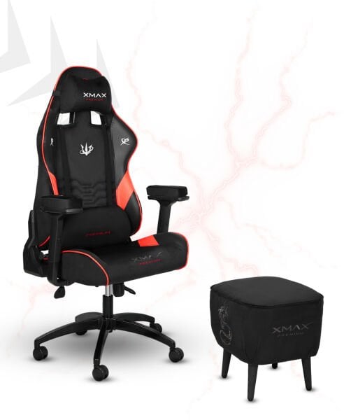 XMAX / Rio Kırmızı Siyah Kumaş Oyuncu Koltuğu - Ayak Uzatmalı Puf - Kol Pedi 3'Ü BİR ARADA PAKET