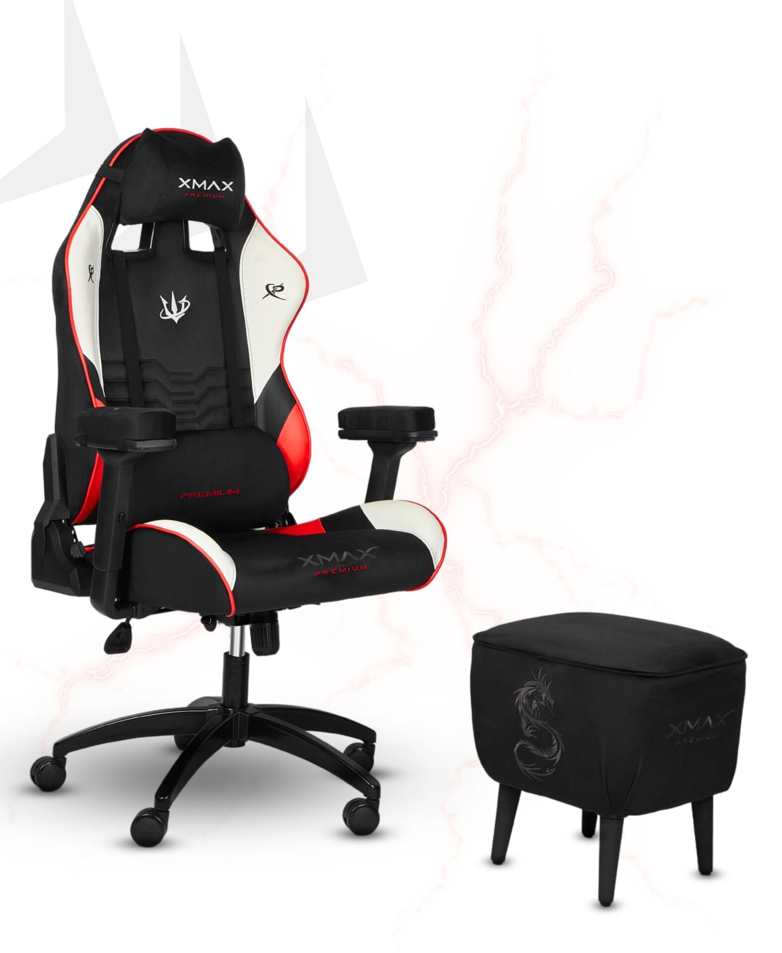 XMAX / Rio Kırmızı Siyah Kumaş Oyuncu Koltuğu - Ayak Uzatmalı Puf - Kol Pedi 3'Ü BİR ARADA PAKET