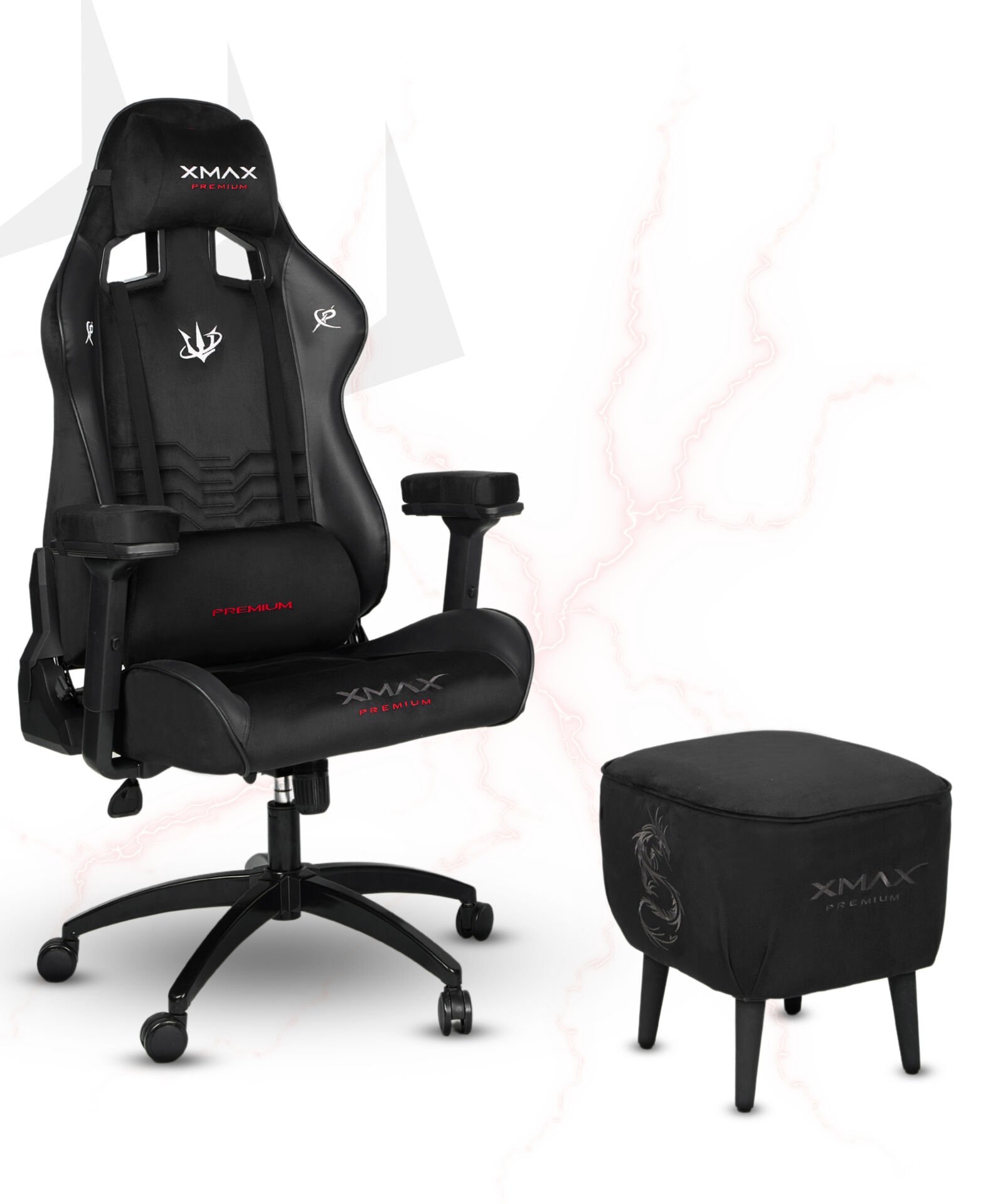 XMAX / Rio Kırmızı Siyah Kumaş Oyuncu Koltuğu - Ayak Uzatmalı Puf - Kol Pedi 3'Ü BİR ARADA PAKET