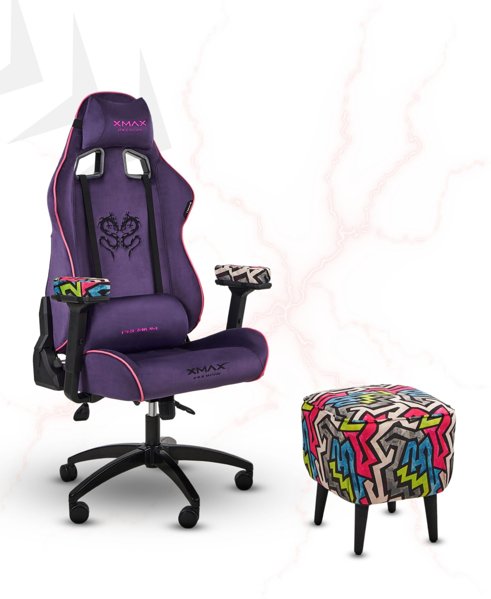 XMAX / Rio Plus Mor Kumaş Oyuncu Koltuğu - Ayak Uzatmalı Puf - Kol Pedi 3'Ü BİR ARADA PAKET