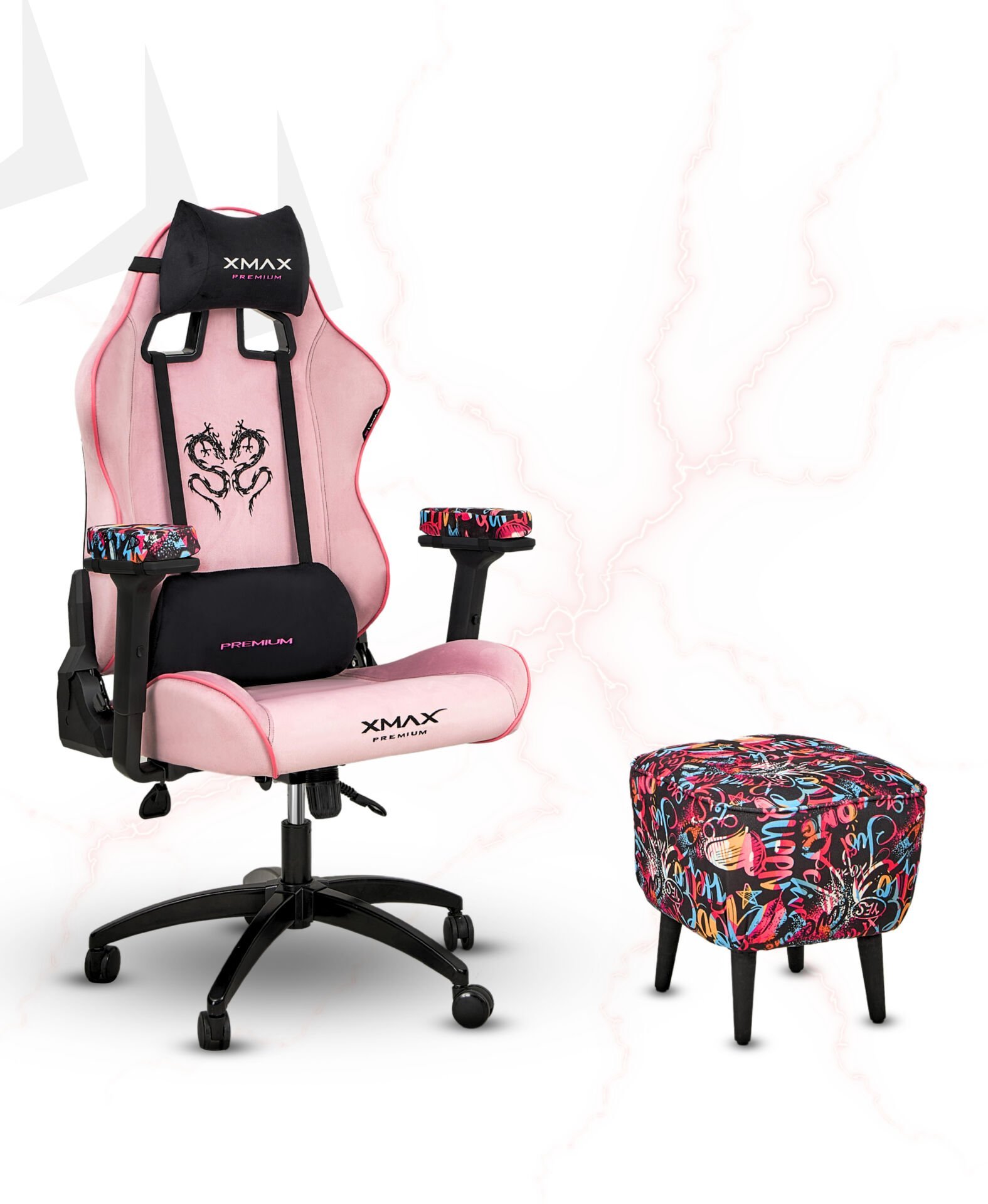 XMAX / Rio Plus Pembe Kumaş Oyuncu Koltuğu - Ayak Uzatmalı Puf - Kol Pedi 3'Ü BİR ARADA PAKET