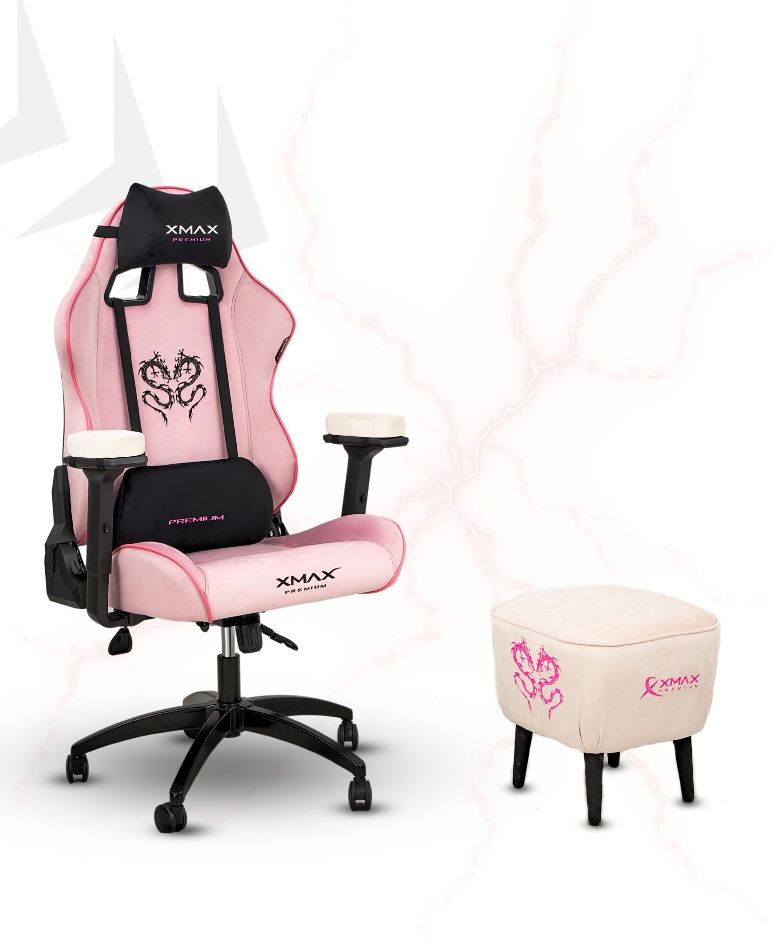 XMAX / Rio Plus Pembe Kumaş Oyuncu Koltuğu - Ayak Uzatmalı Puf - Kol Pedi 3'Ü BİR ARADA PAKET
