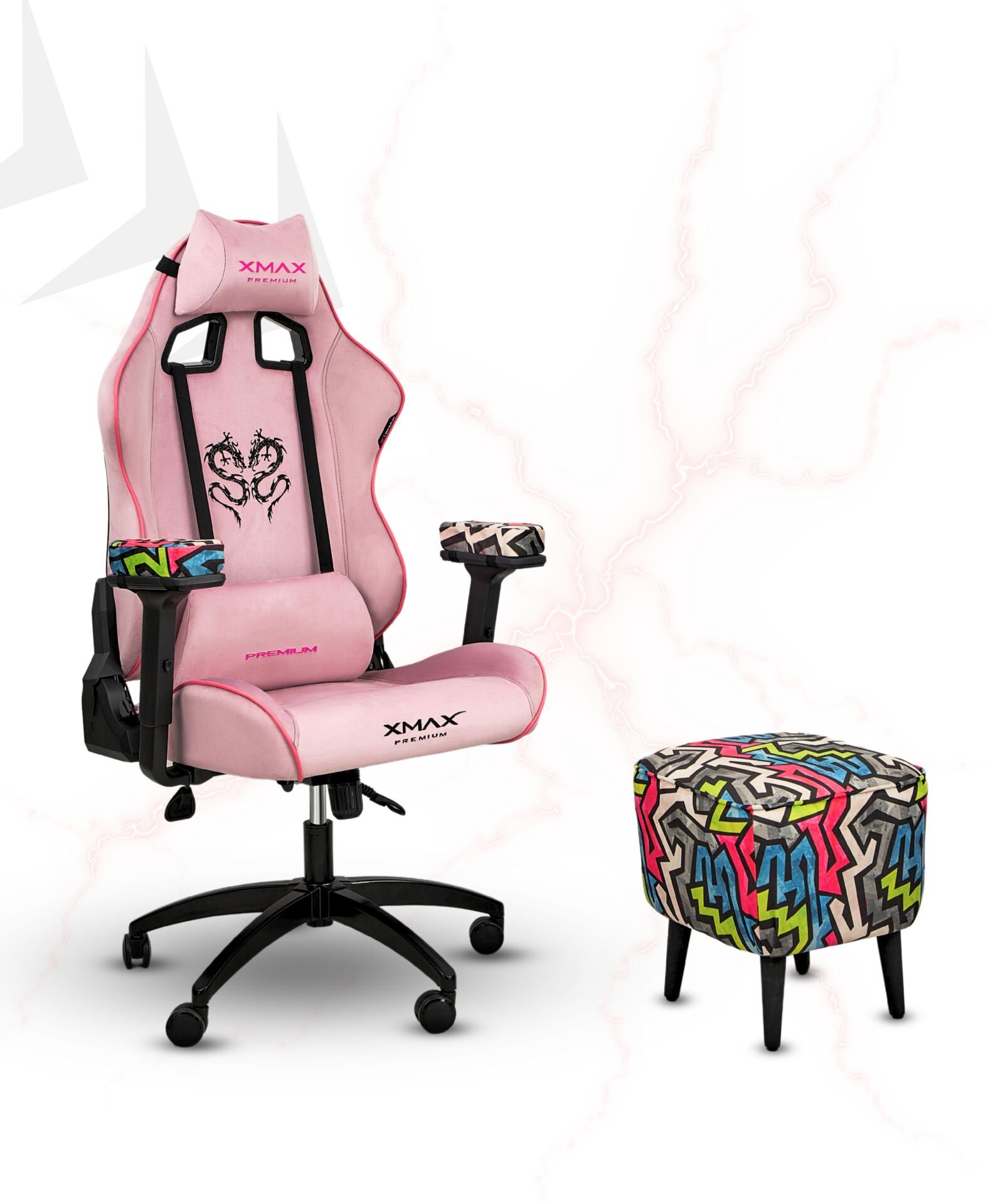 XMAX / Rio Plus Pembe Kumaş Oyuncu Koltuğu - Ayak Uzatmalı Puf - Kol Pedi 3'Ü BİR ARADA PAKET