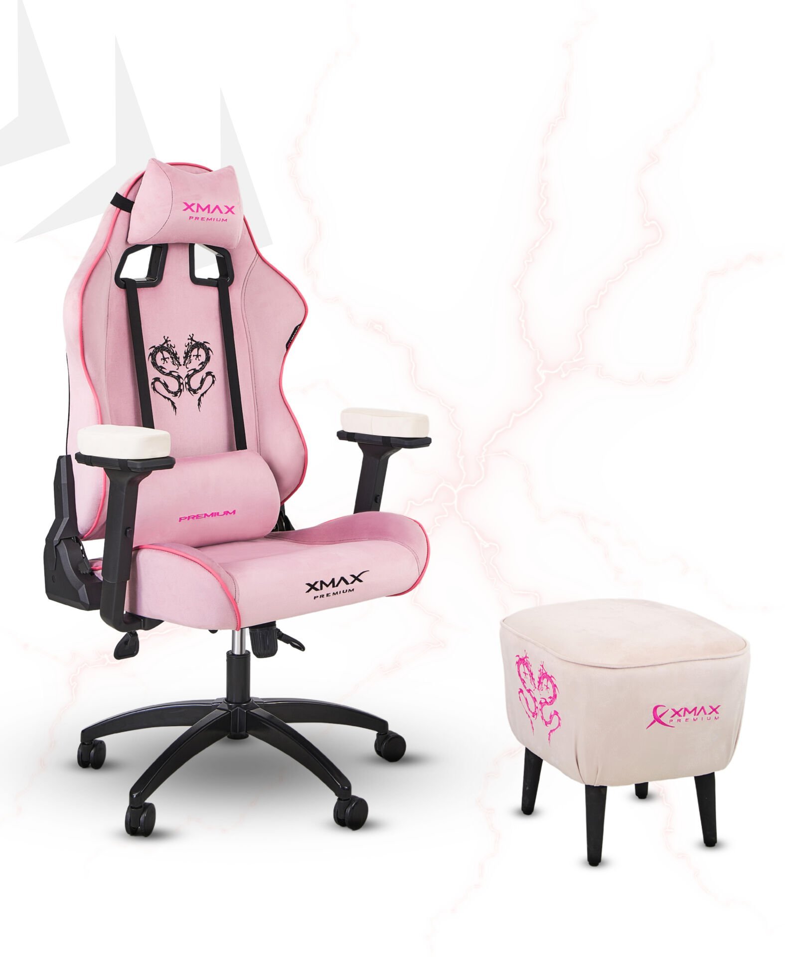 XMAX / Rio Pembe Kumaş Oyuncu Koltuğu - Ayak Uzatmalı Puf - Kol Pedi 3'Ü BİR ARADA PAKET