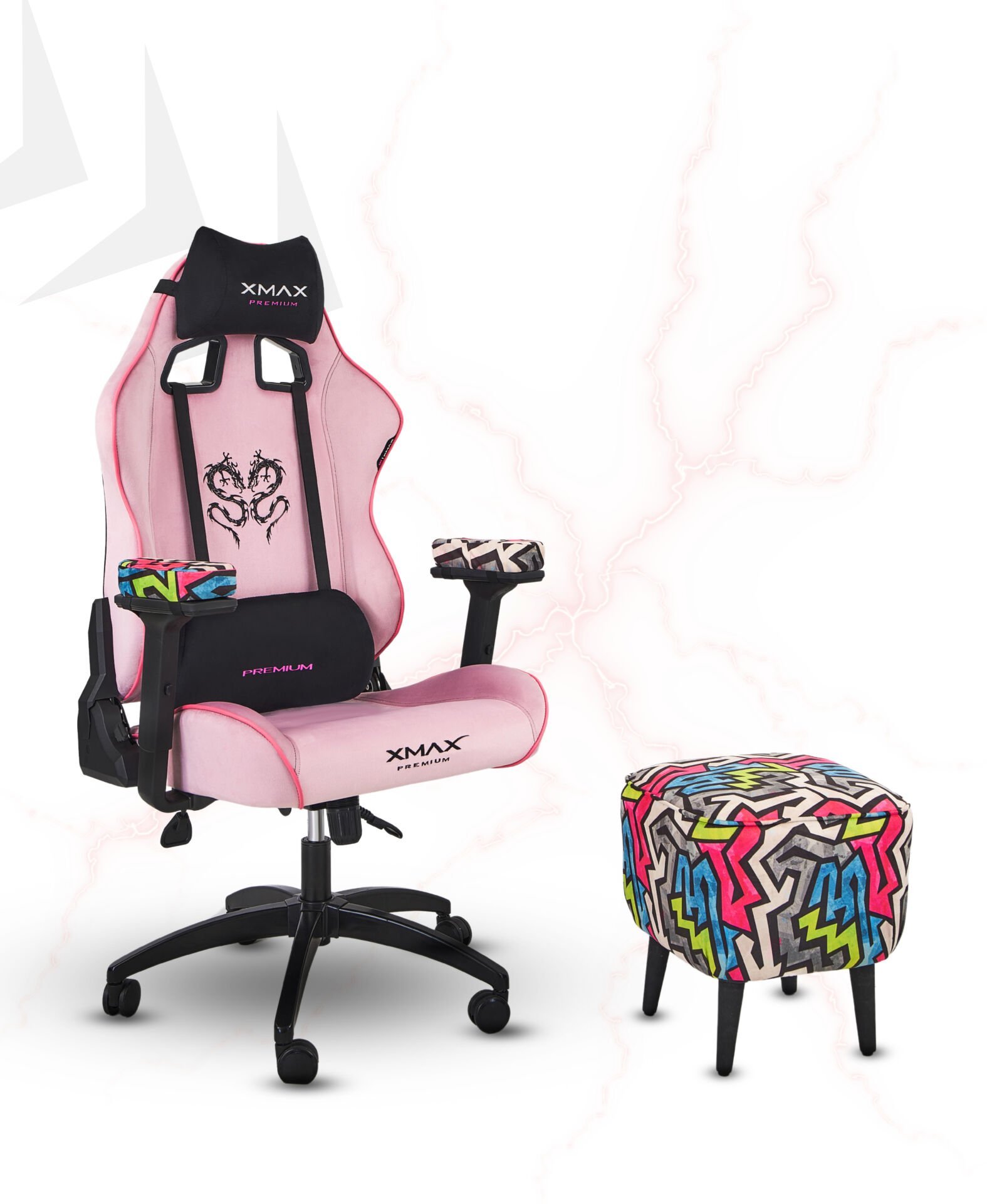 XMAX / Rio Plus Pembe Kumaş Oyuncu Koltuğu - Ayak Uzatmalı Puf - Kol Pedi 3'Ü BİR ARADA PAKET