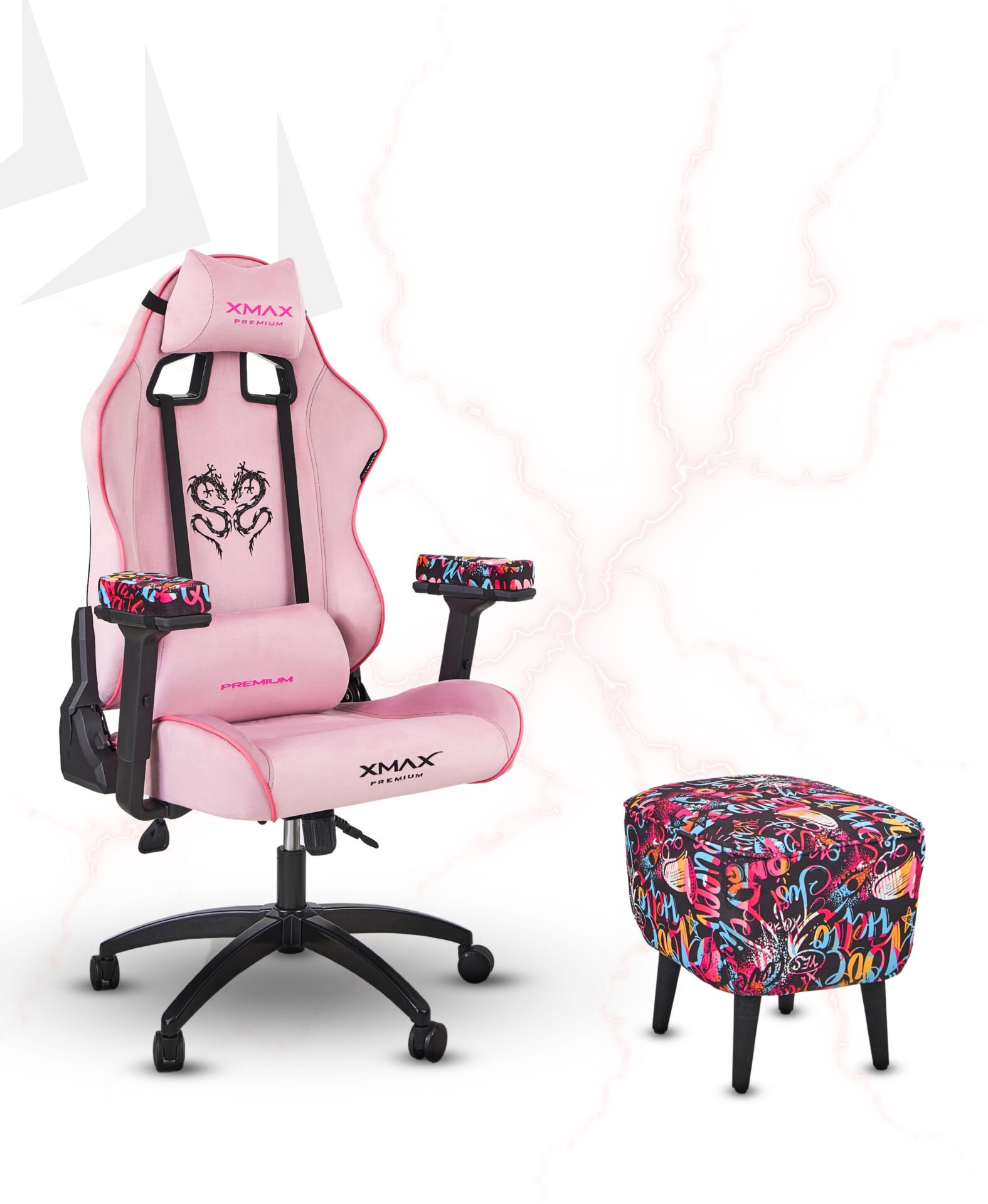 XMAX / Rio Pembe Kumaş Oyuncu Koltuğu - Ayak Uzatmalı Puf - Kol Pedi 3'Ü BİR ARADA PAKET