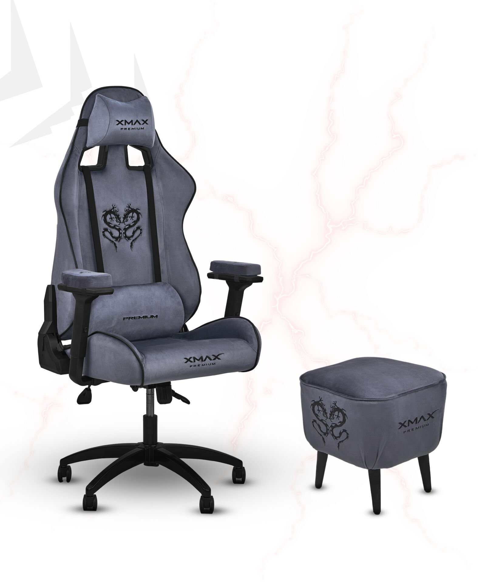 XMAX / Rio Plus Antrasit Kumaş Oyuncu Koltuğu - Ayak Uzatmalı Puf - Kol Pedi 3'Ü BİR ARADA PAKET