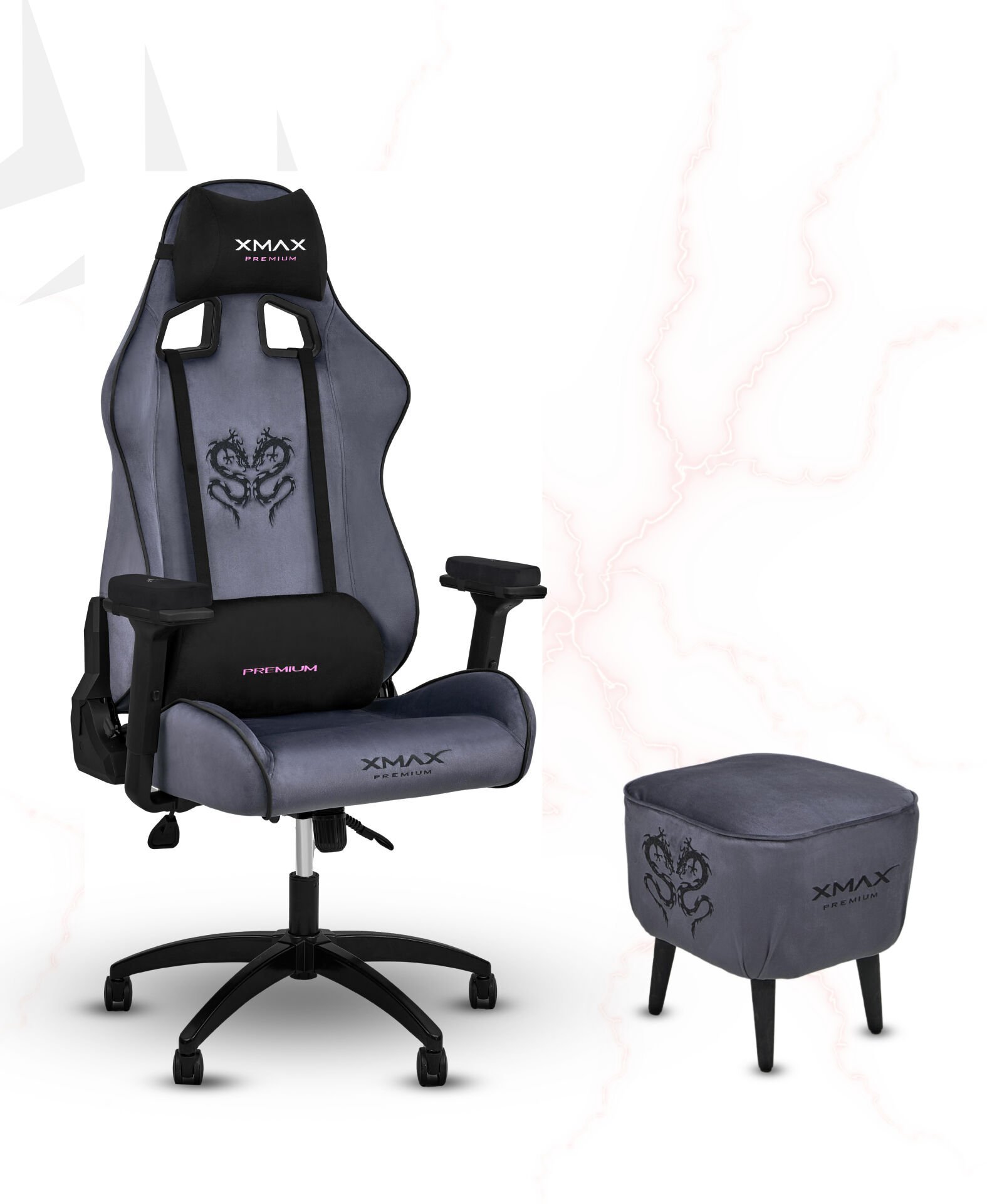 XMAX / Rio Plus Antrasit Kumaş Oyuncu Koltuğu - Ayak Uzatmalı Puf - Kol Pedi 3'Ü BİR ARADA PAKET