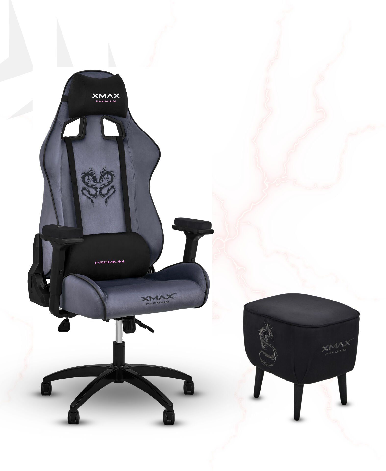 XMAX / Rio Plus Antrasit Kumaş Oyuncu Koltuğu - Ayak Uzatmalı Puf - Kol Pedi 3'Ü BİR ARADA PAKET