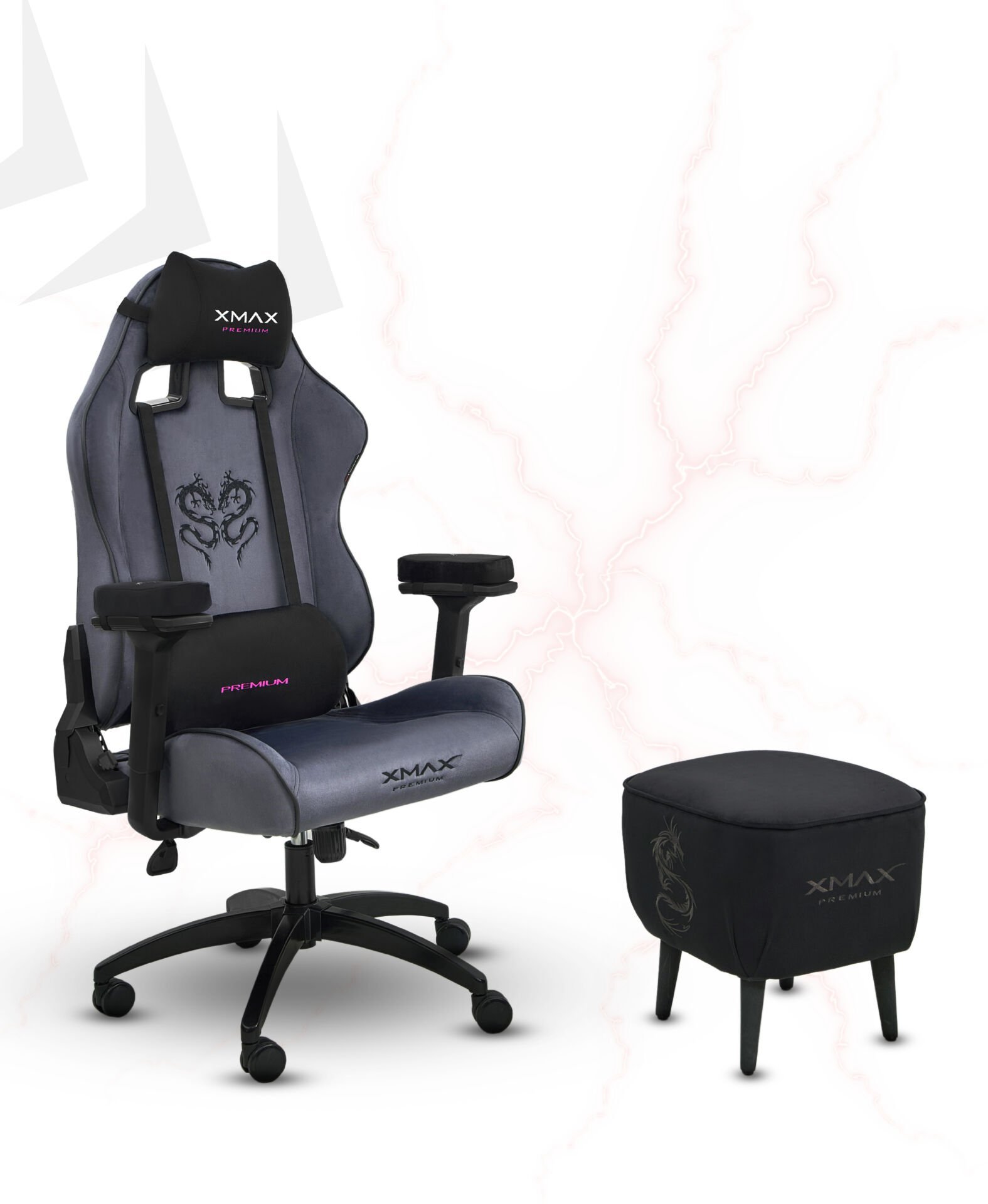 XMAX / Rio Plus Antrasit Kumaş Oyuncu Koltuğu - Ayak Uzatmalı Puf - Kol Pedi 3'Ü BİR ARADA PAKET