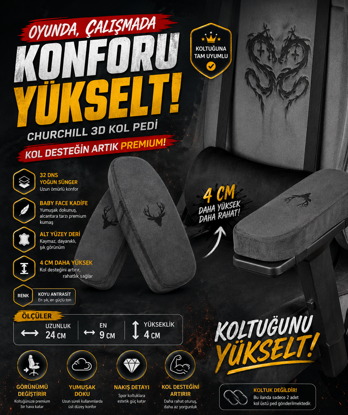 Churchill 3D Koltuk Kol Pedi Kadife Kumaş 32 DNS Yoğun Sünger Koyu Gri (Ergonomik Kol Destek)