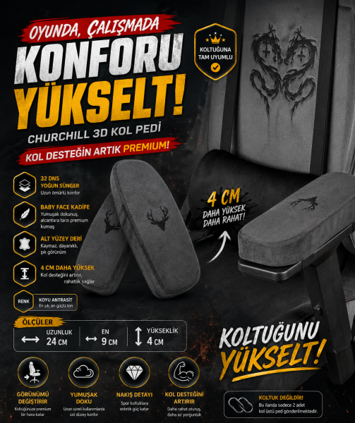 Churchill 3D Koltuk Kol Pedi Kadife Kumaş 32 DNS Yoğun Sünger Koyu Gri (Ergonomik Kol Destek)
