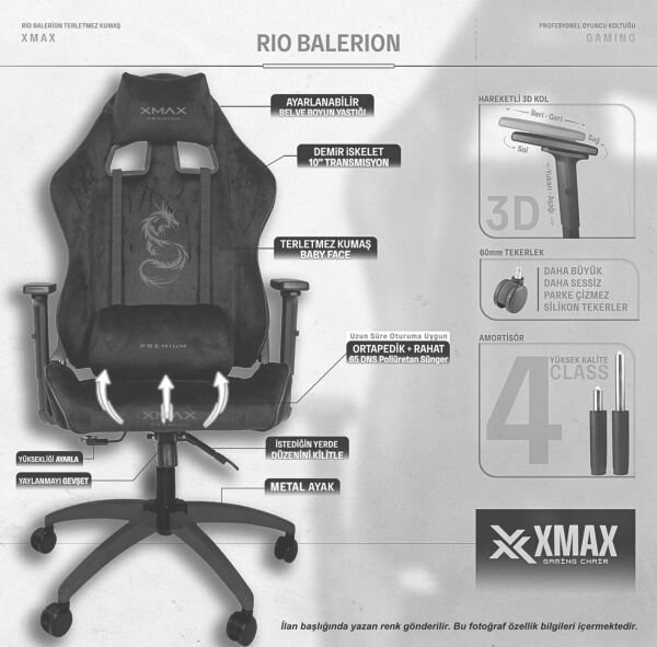 XMAX NO NAME / Rio Balerion Terletmez Kadife Kumaş Antrasit Gaming Oyuncu Koltuğu / 120 Kg Taşır