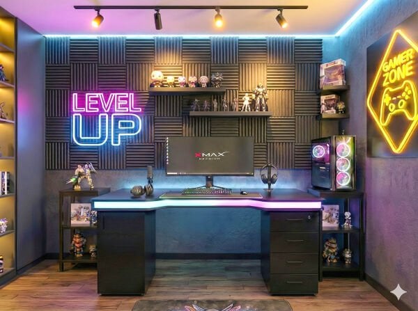 XMAX Zyra 200x80cm Işıklı Çekmeceli ve Dolaplı Siyah MDF Çalışma Yada Oyun Masası