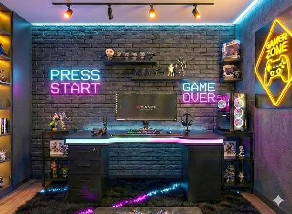 XMAX Zyra 180x80cm Işıklı Çekmeceli ve Dolaplı Siyah MDF Çalışma Yada Oyun Masası