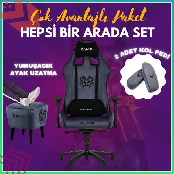 XMAX-Pro / Rio Plus Balerion 4D Kol Orijinal Yarasa Mekanizmalı Antrasit Oyuncu Koltuğu / 150 KG TAŞIR - KOL PEDİ VE PUF HEDİYELİ