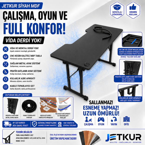 JetKur Siyah MDF Bilgisayar Oyuncu Masası Sallanmaz Metal Ayaklı - Vida Derdi Yok