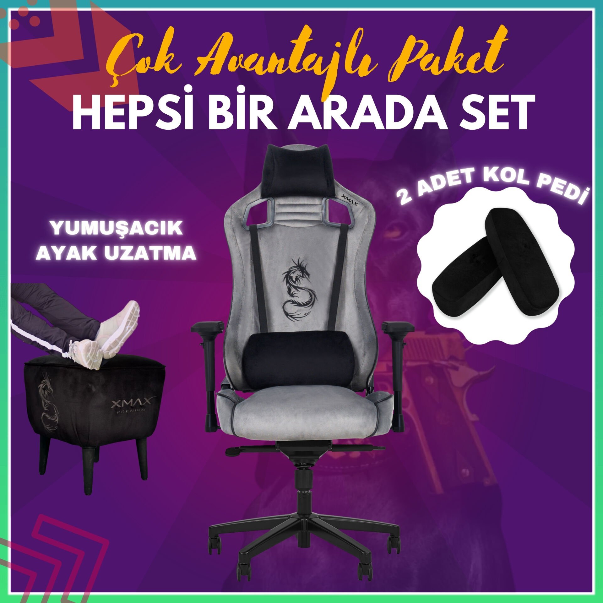 XMAX-Pro / Maximus 4D Kol Orijinal Yarasa Mekanizmalı Gri Oyuncu Koltuğu / 150 KG TAŞIR - KOL PEDİ VE PUF HEDİYELİ