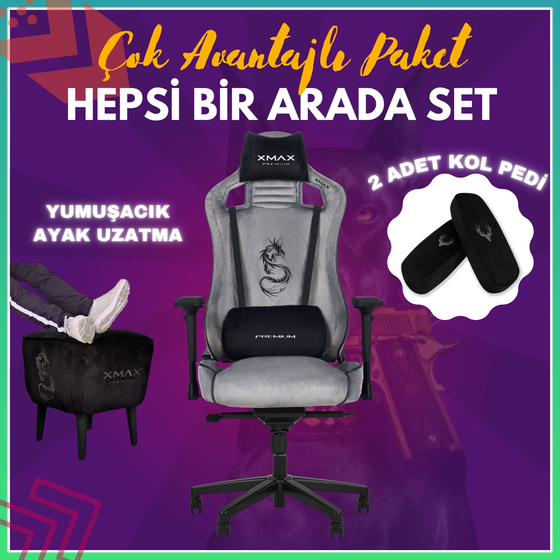 XMAX-Pro / Maximus 4D Kol Orijinal Yarasa Mekanizmalı Gri Oyuncu Koltuğu / 150 KG TAŞIR - KOL PEDİ VE PUF HEDİYELİ