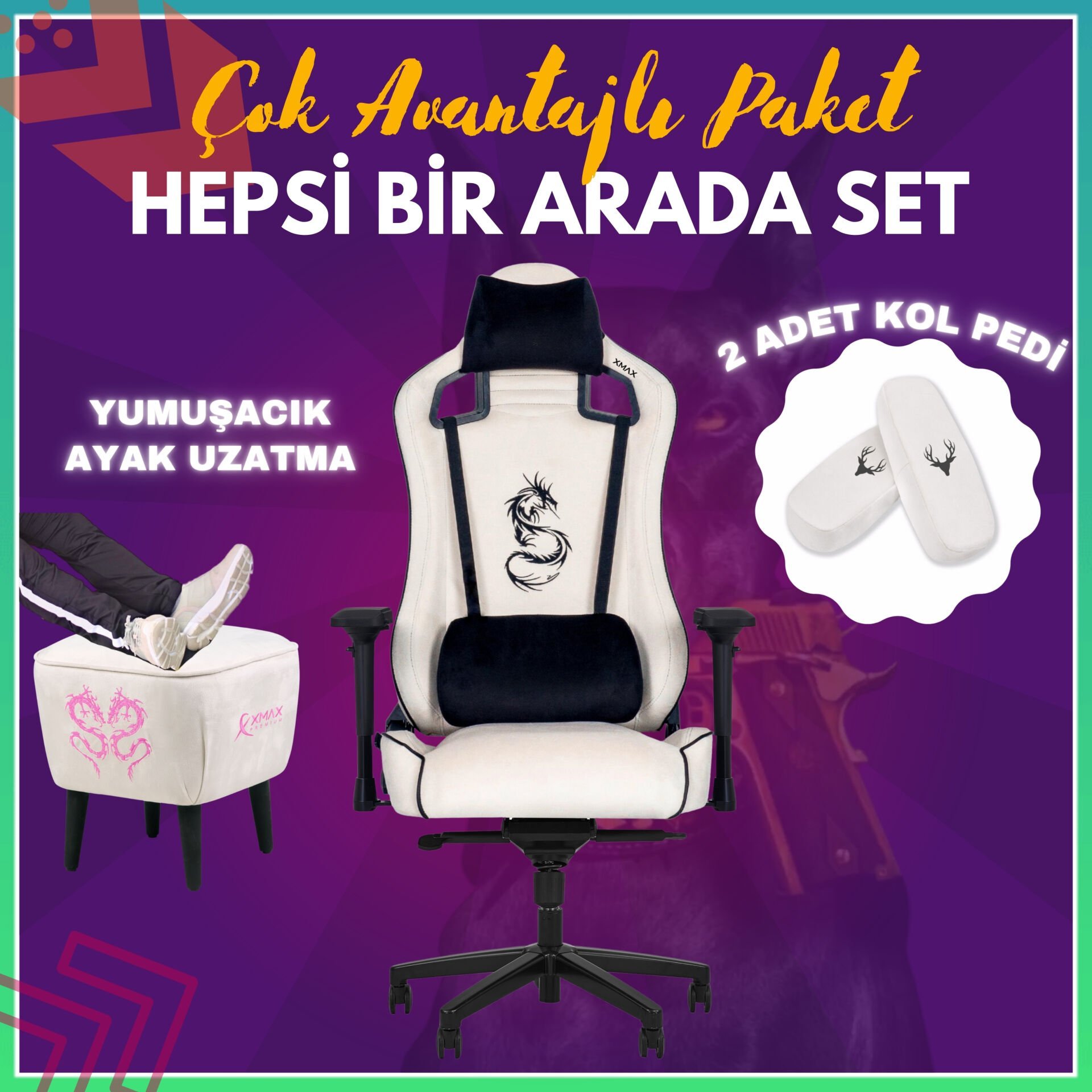 XMAX-Pro NO NAME / Maximus 4D Kol Orijinal Yarasa Mekanizmalı Beyaz Oyuncu Koltuğu / 150 KG TAŞIR - KOL PEDİ VE PUF HEDİYELİ