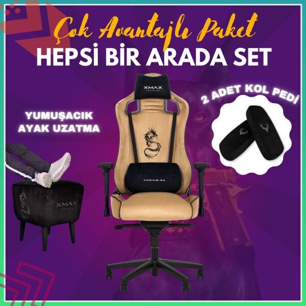 XMAX-Pro / Maximus 4D Kol Orijinal Yarasa Mekanizmalı Hardal Oyuncu Koltuğu / 150 KG TAŞIR - KOL PEDİ VE PUF HEDİYELİ