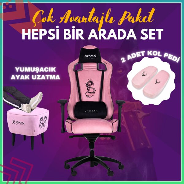 XMAX-Pro / Maximus 4D Kol Orijinal Yarasa Mekanizmalı Pembe Oyuncu Koltuğu / 150 KG TAŞIR - KOL PEDİ VE PUF HEDİYELİ
