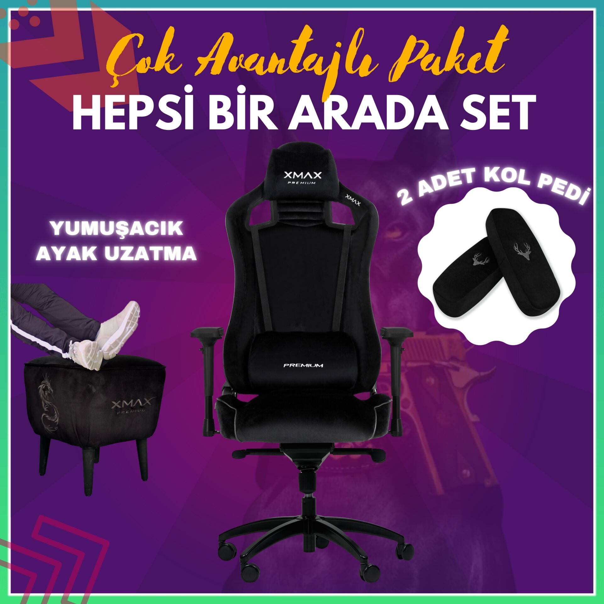 XMAX-Pro / Maximus 4D Kol Orijinal Yarasa Mekanizmalı Siyah Oyuncu Koltuğu / 150 KG TAŞIR - KOL PEDİ VE PUF HEDİYELİ