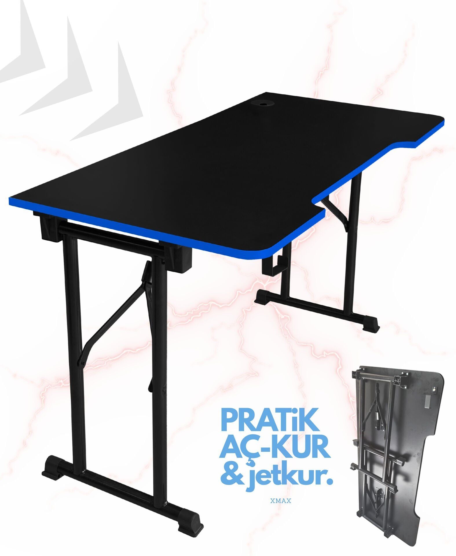 Mavi Şerit 140x70cm JetKur Siyah MDF Bilgisayar Oyuncu Masası Sallanmaz Metal Ayaklı - Vida Derdi Yok