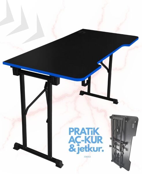 Mavi Şerit 140x70cm JetKur Siyah MDF Bilgisayar Oyuncu Masası Sallanmaz Metal Ayaklı - Vida Derdi Yok