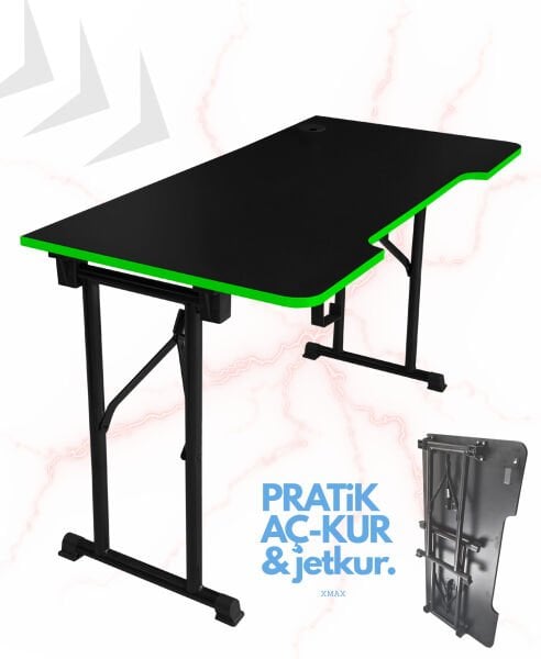Yeşil Şerit 120x60cm JetKur Siyah MDF Bilgisayar Oyuncu Masası Sallanmaz Metal Ayaklı - Vida Derdi Yok