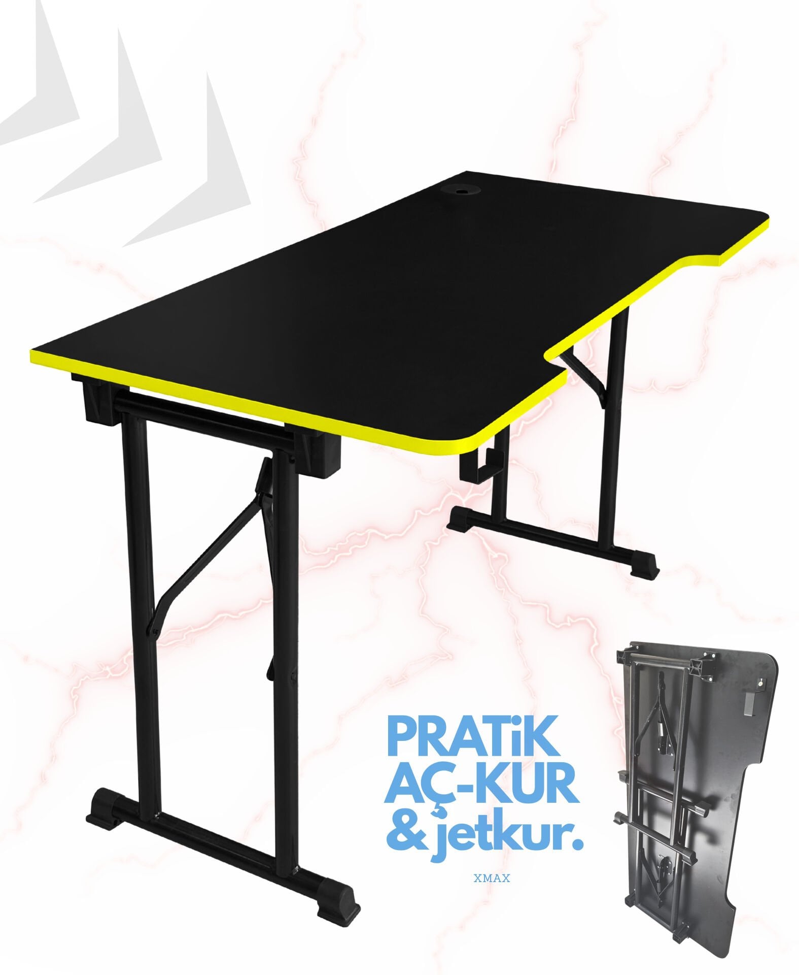 Sarı Şerit 120x60cm JetKur Siyah MDF Bilgisayar Oyuncu Masası Sallanmaz Metal Ayaklı - Vida Derdi Yok