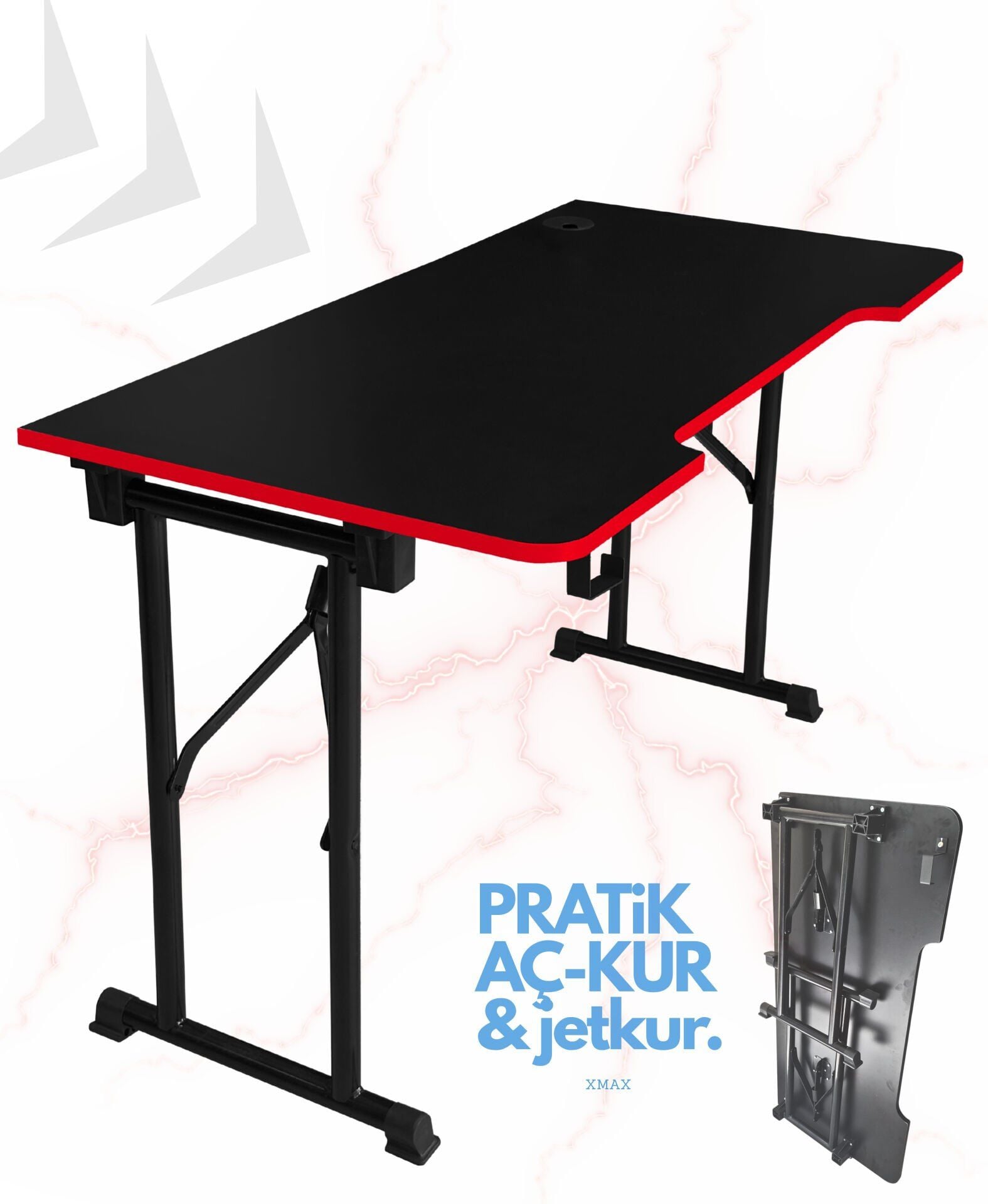 Kırmızı Şerit 140x70cm JetKur Siyah MDF Bilgisayar Oyuncu Masası Sallanmaz Metal Ayaklı - Vida Derdi Yok