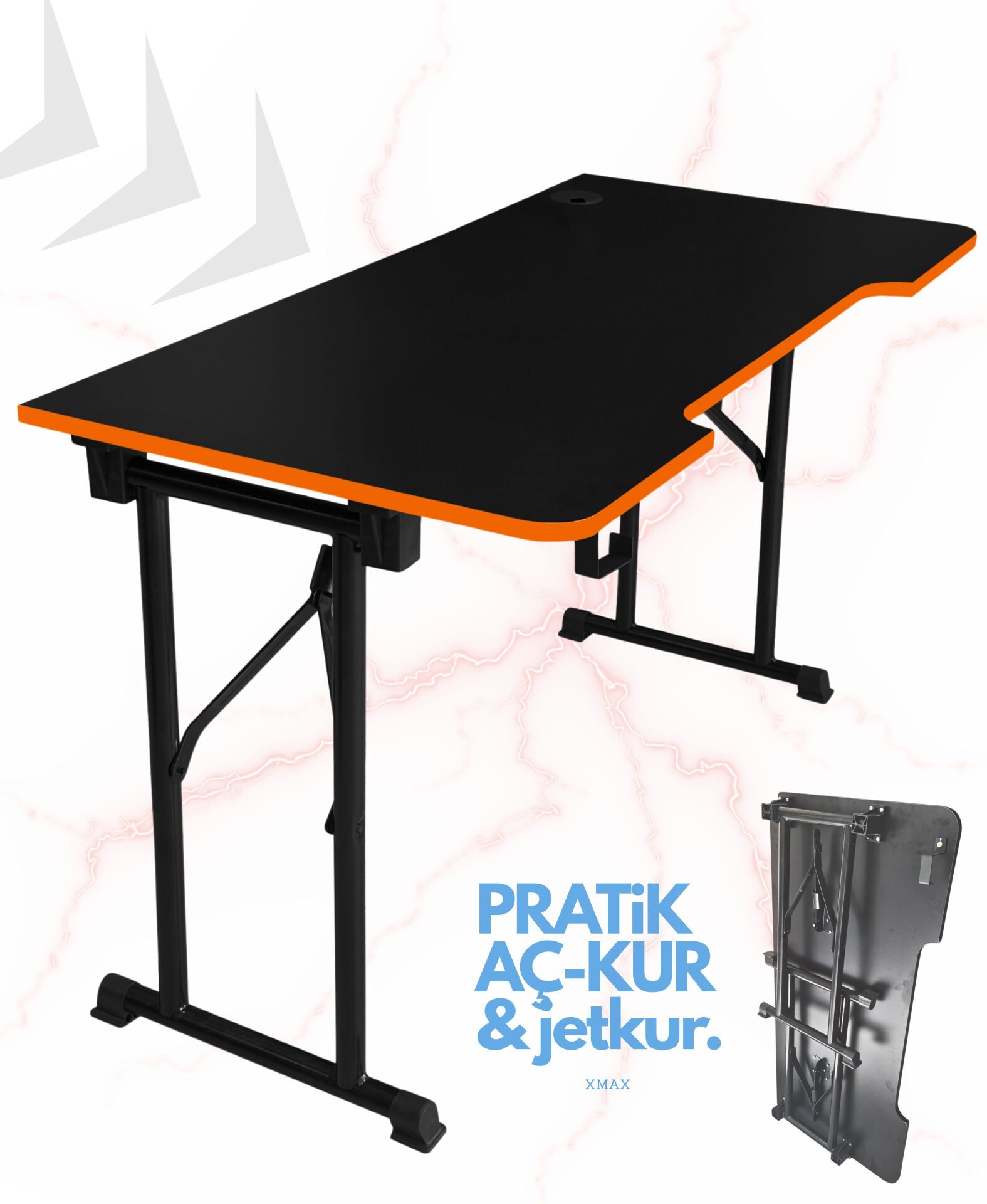 Turuncu 160x70cm JetKur Siyah MDF Bilgisayar Oyuncu Masası Sallanmaz Metal Ayaklı - Vida Derdi Yok