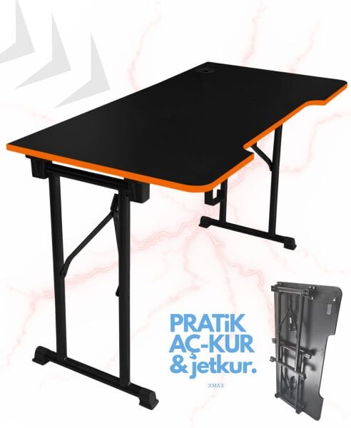 Turuncu 160x70cm JetKur Siyah MDF Bilgisayar Oyuncu Masası Sallanmaz Metal Ayaklı - Vida Derdi Yok