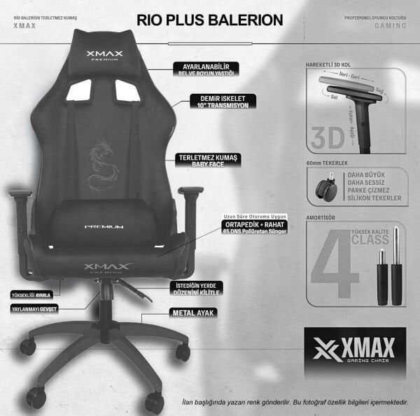 XMAX / Rio Plus Terletmez Kısmi Derili Kadife Kumaş Kırmızı/Siyah Gaming Oyuncu Koltuğu / 120 Kg Taşır