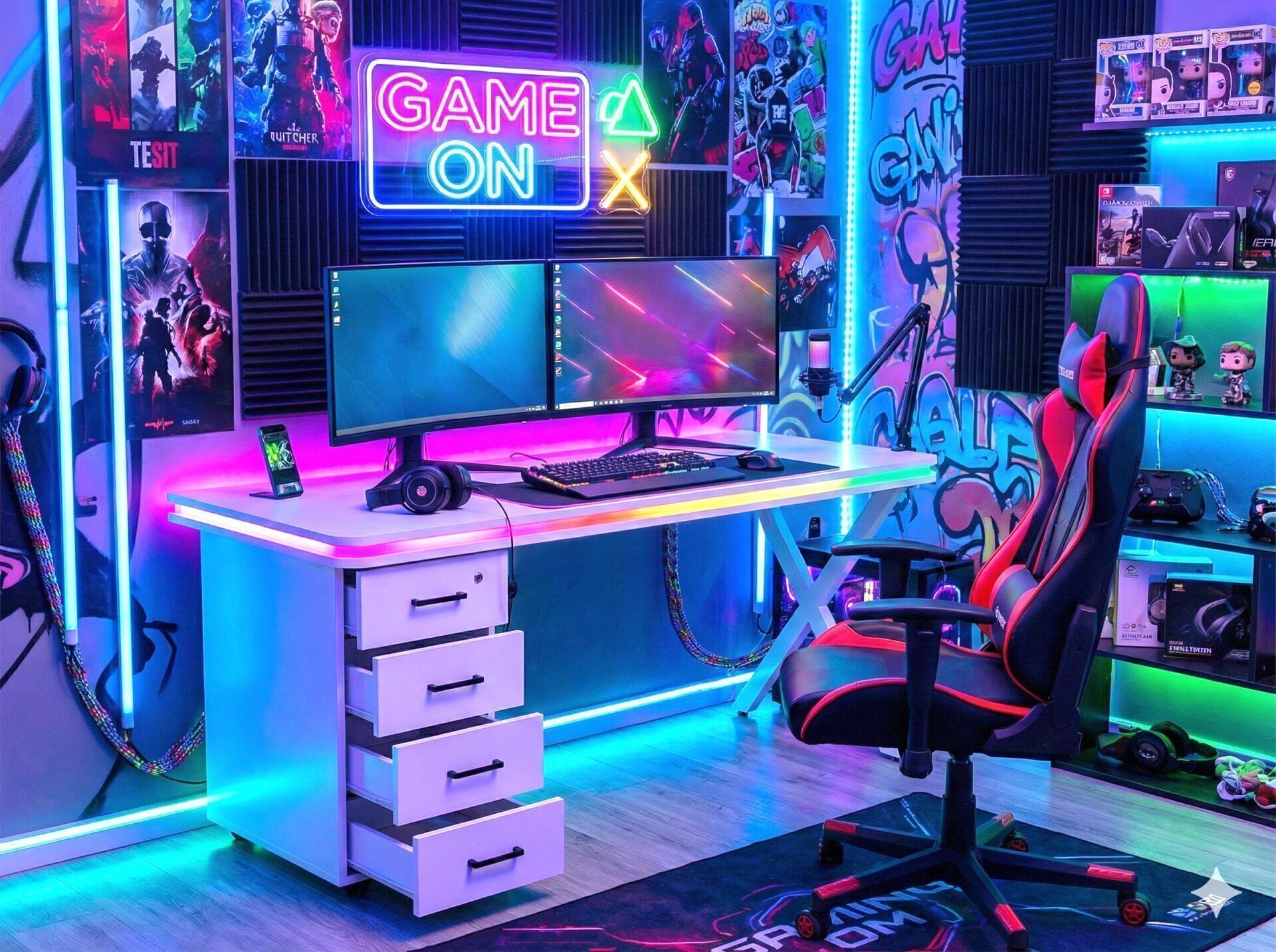 Bluetooth RGB Işıklı Oyuncu Masası – XMAX Zyra Çekmeceli Beyaz MDF Gaming ve Çalışma Masası