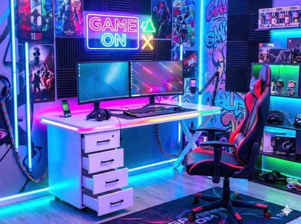 Bluetooth RGB Işıklı Oyuncu Masası – XMAX Zyra Çekmeceli Beyaz MDF Gaming ve Çalışma Masası