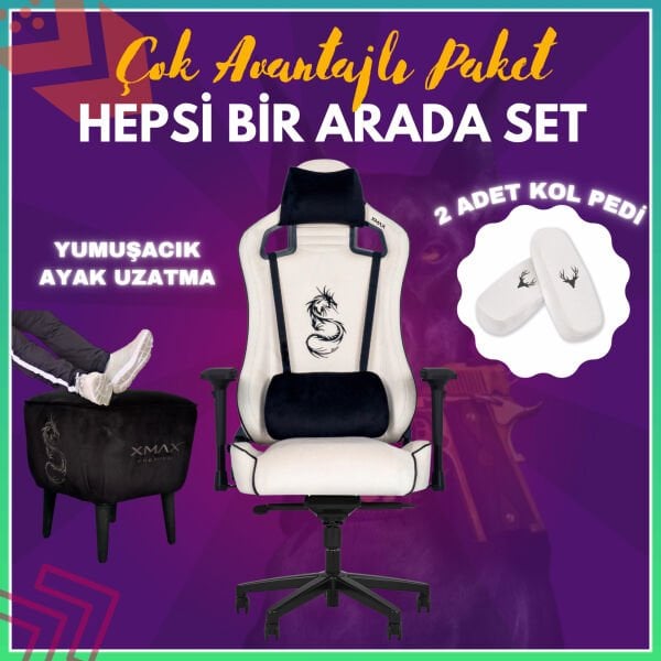 XMAX-Pro NO NAME / Maximus 4D Kol Orijinal Yarasa Mekanizmalı Beyaz Oyuncu Koltuğu / 150 KG TAŞIR - KOL PEDİ VE PUF HEDİYELİ