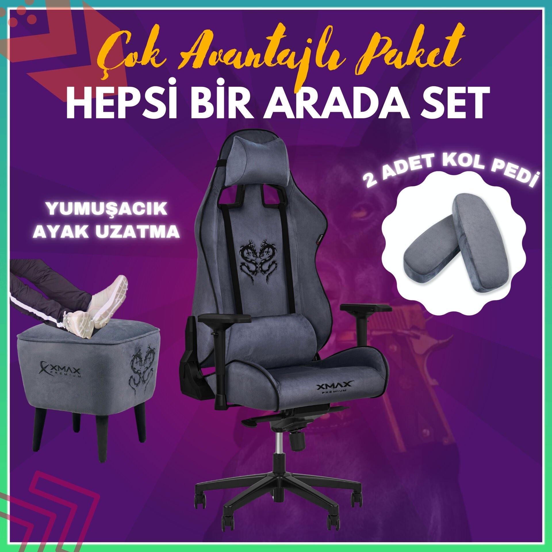 XMAX-Pro / Rio Plus Balerion 4D Kol Orijinal Yarasa Mekanizmalı Antrasit Oyuncu Koltuğu / 150 KG TAŞIR - KOL PEDİ VE PUF HEDİYELİ